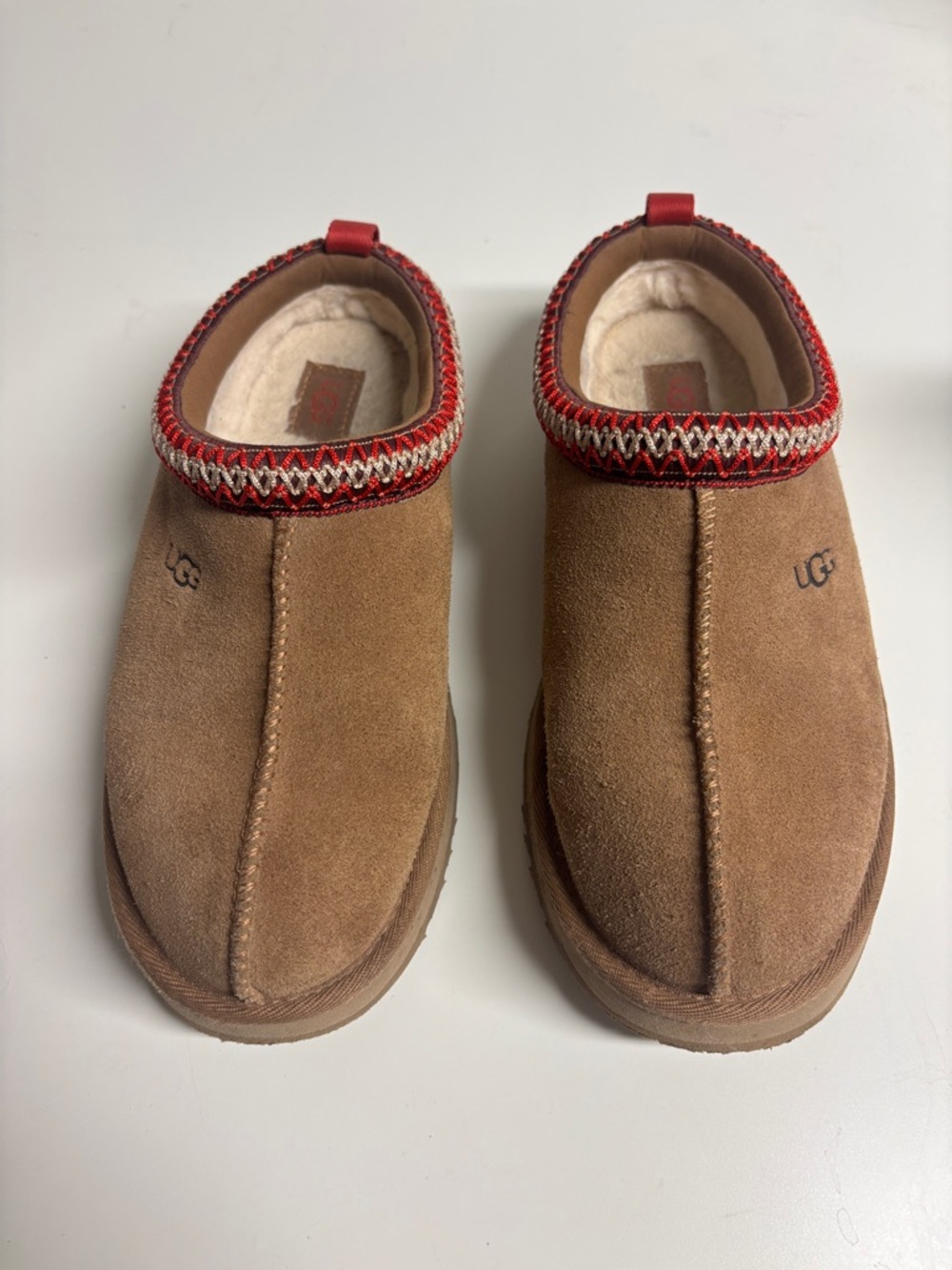 UGG Kids Chestnut Suede Slip-On Clogs with Red Trim